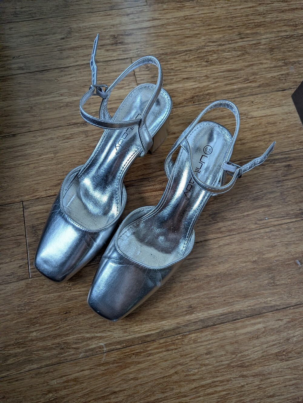 Unisa Metallic Silver Square-Toe Slingback Heels
